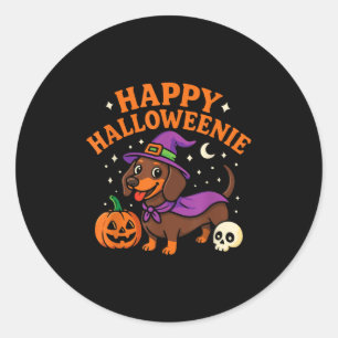 Pegatina Redonda Weiner Dog Witch Happy Halloweenie Cute Halloween