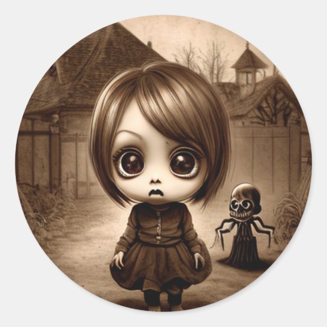 Pegatina Redonda Weird Big Eyed Chibi Chica Halloween (Anverso)