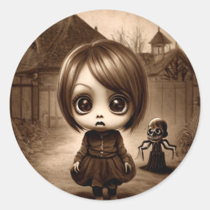 Pegatina Redonda Weird Big Eyed Chibi Chica Halloween