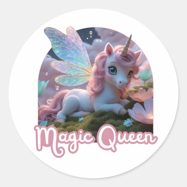 Pegatina Redonda Weißes Einhorn mit Flügeln - Magic Queen (Anverso)