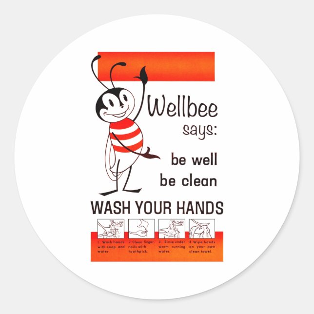 Pegatina Redonda Wellbee CDC WASH SU Poster de publicidad de MANOS (Anverso)