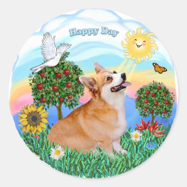 Pegatina Redonda Welsh Corgi (Pembroke 7b) (Anverso)