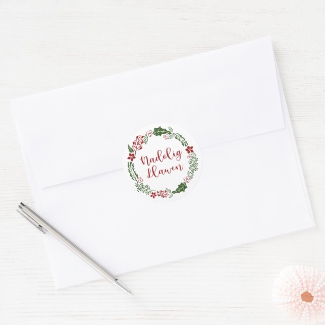 Pegatina Redonda Welsh Merry Christmas Wreath, Nadolig Llawen Ornam (Sobre)