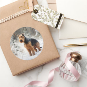 Pegatina Redonda Welsh Terrier Deja que nieve Navidad