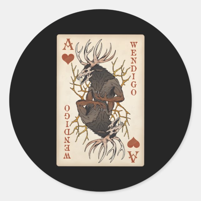 Pegatina Redonda Wendigo Original Cryptid Jugando Tarjeta Tarot As  (Anverso)