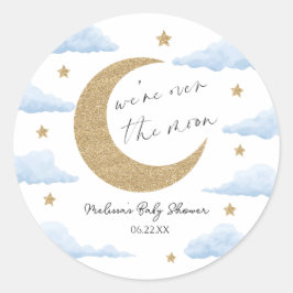 Pegatina Redonda We're Over The Moon Blue Celestial Baby Shower