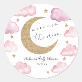 Pegatina Redonda We're Over The Moon Pink Celestial Baby Shower