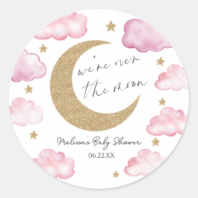 Pegatina Redonda We're Over The Moon Pink Celestial Baby Shower (Anverso)