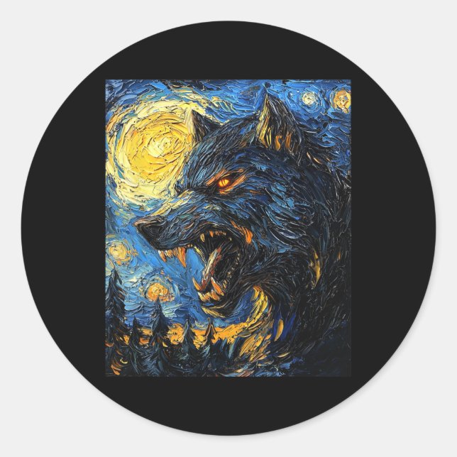 Pegatina Redonda Werewolf Wolf Wolves - Van Gogh Style - Starry Nig (Anverso)