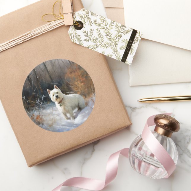 Pegatina Redonda West Highland White Terrier deja que nieve Navidad (Regalar)