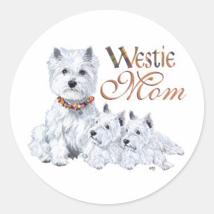 Pegatina Redonda West Highland White Terrier Mamá y Cachorros
