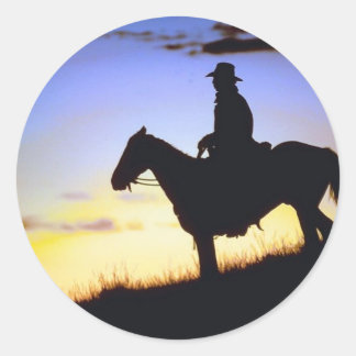 Pegatina Redonda Western Cowboy Sunset Silhouette
