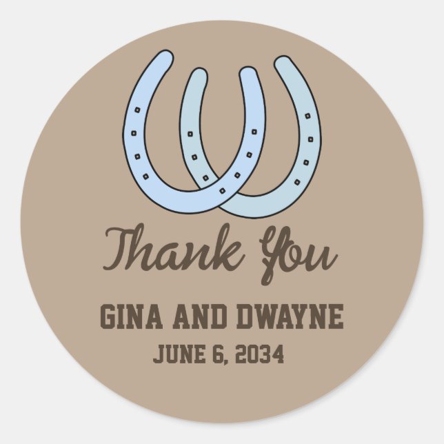 Pegatina Redonda Western Horseshoe Wedding Favor Sticke Gracias (Anverso)