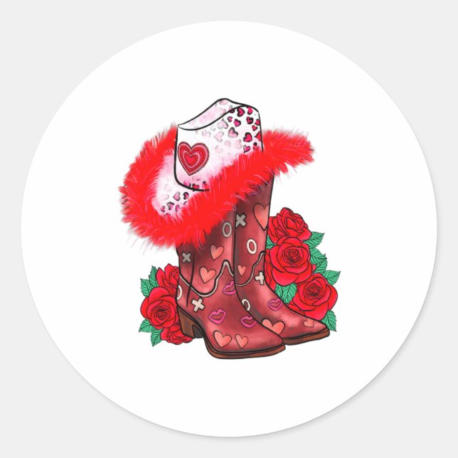 Pegatina Redonda Western Valentines Day Cowgirl Boots Yeehaw Howdy  (Anverso)