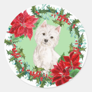 Pegatina Redonda Westie Poinsettia Holly Wreath