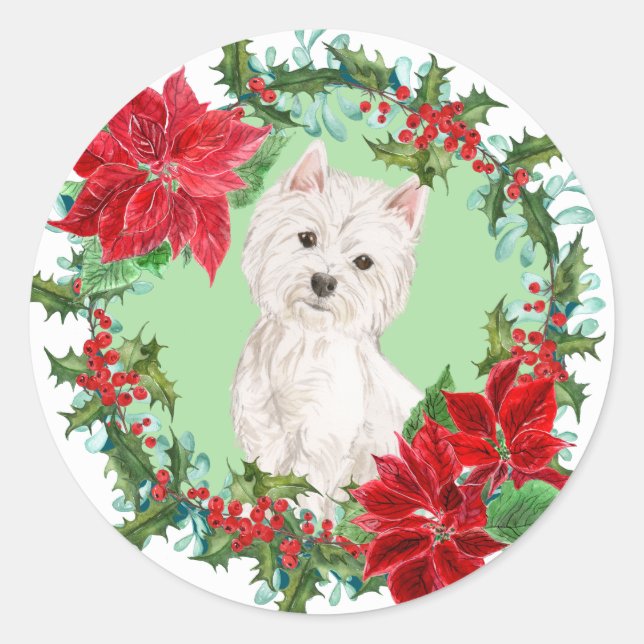 Pegatina Redonda Westie Poinsettia Holly Wreath (Anverso)