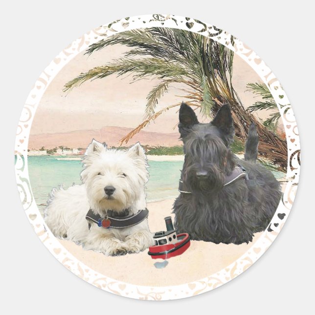 Pegatina Redonda Westie & Scottie en Palmy Beach (Anverso)