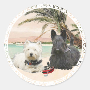 Pegatina Redonda Westie & Scottie en Palmy Beach