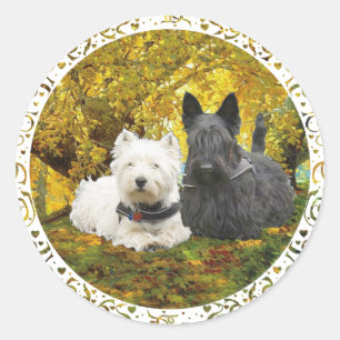 Pegatina Redonda Westie y Scottie en Otoño