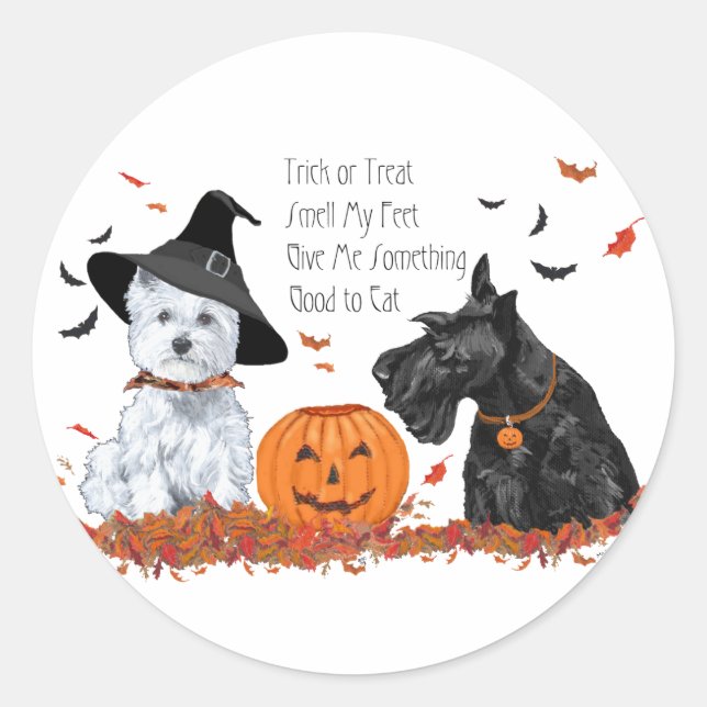 Pegatina Redonda Westie y Scottie Halloween (Anverso)