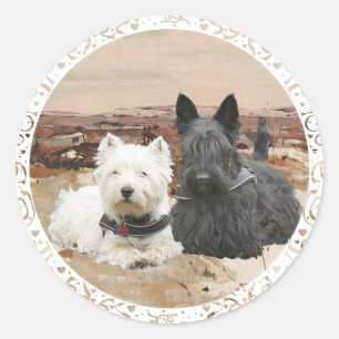 Pegatina Redonda Westie y Scottie Juntos Otoño