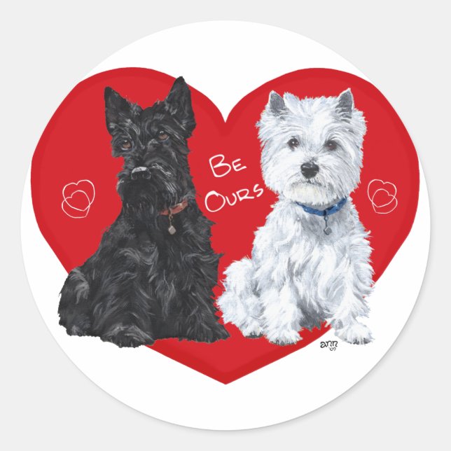 Pegatina Redonda Westie y Scottie San Valentín (Anverso)