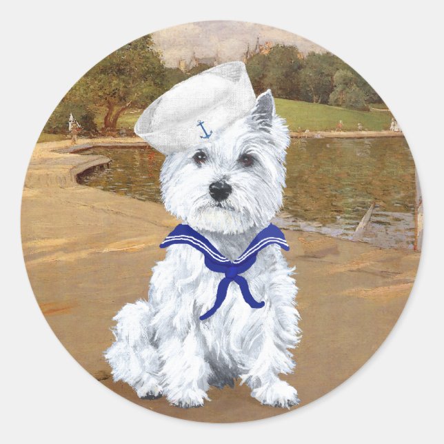 Pegatina Redonda Westie y veleros (Anverso)
