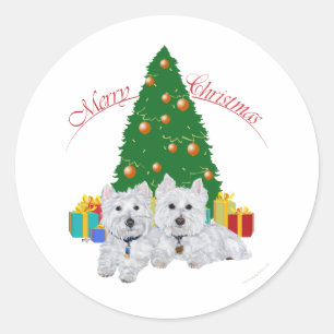 Pegatina Redonda Westies junto al árbol de Navidad