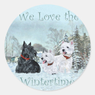 Pegatina Redonda Westies y Scottie en Invierno