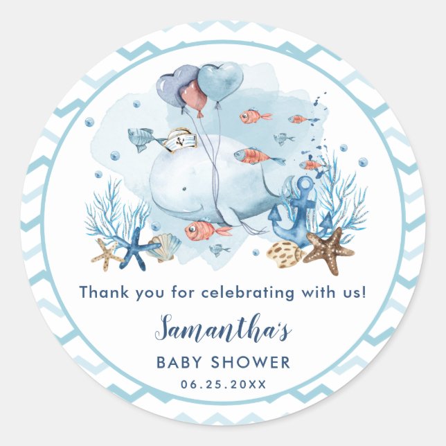 Pegatina Redonda Whale Nautical Boy Baby Shower Gracias A Favor (Anverso)