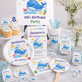 Pegatina Redonda Whale Theme Summer Kids Birthday Thank you 
