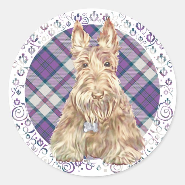 Pegatina Redonda Wheaten Scottie Tartan (Anverso)