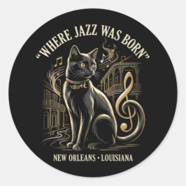 Pegatina Redonda Where Jazz Was Born New Orleans Black Cat Heritage