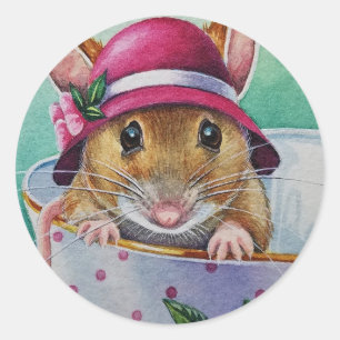 Pegatina Redonda Whimical Tea Time Mouse Pink Bonnet Watercolor