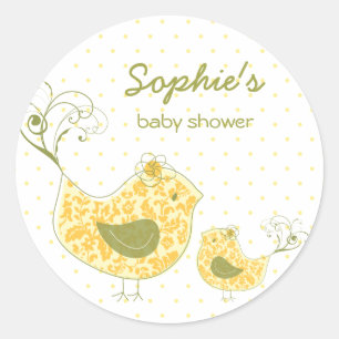 Pegatina Redonda Whimsical Amarillo Damask Mami Bird & Baby Shower