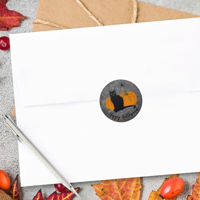 Pegatina Redonda Whimsical Black Cat Happy Halloween (Black Cat Halloween Sticker)