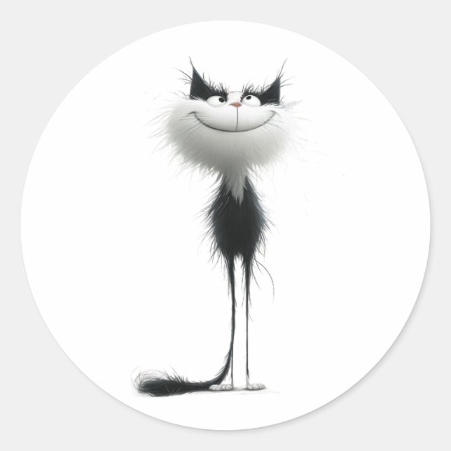 Pegatina Redonda Whimsical Black White Grinning Cat Ilustracion (Anverso)
