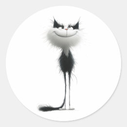 Pegatina Redonda Whimsical Black White Grinning Cat Ilustracion