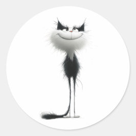 Pegatina Redonda Whimsical Black White Grinning Cat Ilustracion