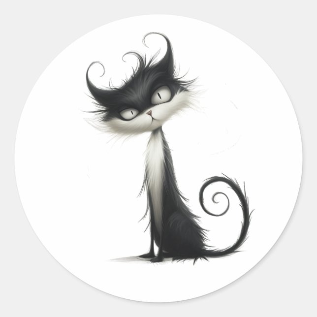 Pegatina Redonda Whimsical Black White Mischievevous Cat Ilustracio (Anverso)