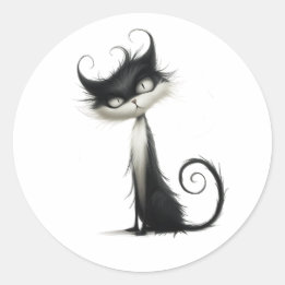 Pegatina Redonda Whimsical Black White Mischievevous Cat Ilustracio