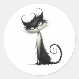 Pegatina Redonda Whimsical Black White Mischievevous Cat Ilustracio