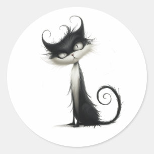 Pegatina Redonda Whimsical Black White Mischievevous Cat Ilustracio