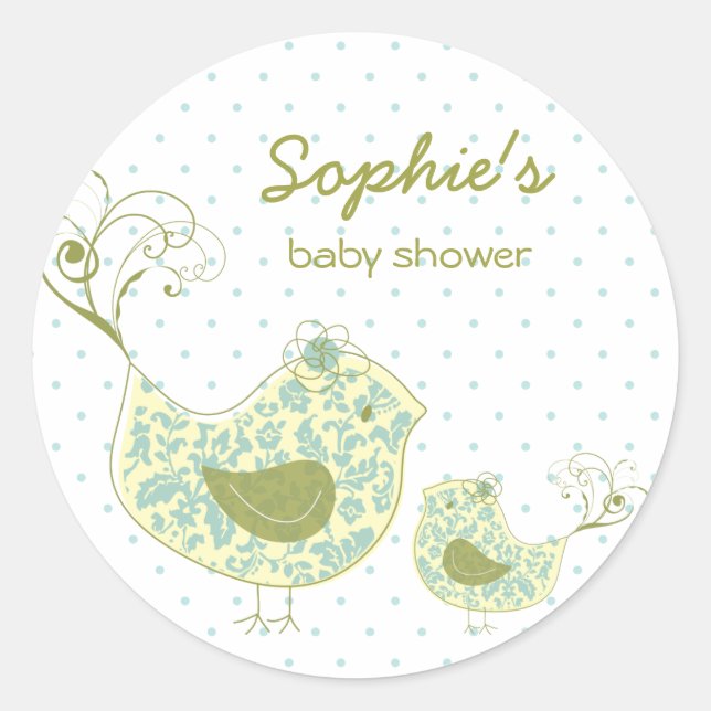 Pegatina Redonda Whimsical Blue Damask Mommy Bird & Boy Baby Shower (Anverso)