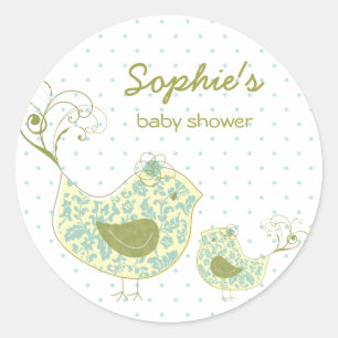 Pegatina Redonda Whimsical Blue Damask Mommy Bird & Boy Baby Shower