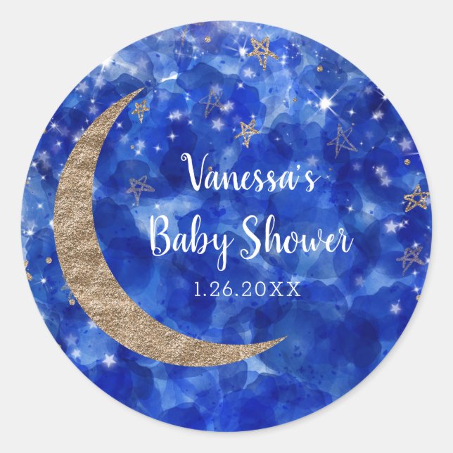 Pegatina Redonda Whimsical Blue Gold Bronze Moon Stars Baby Shower (Anverso)