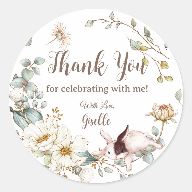 Pegatina Redonda Whimsical Boho Moda Conejo Conejo Botánico Floral (Anverso)