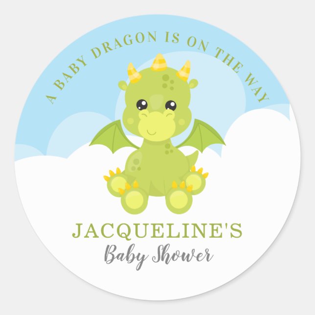 Pegatina Redonda Whimsical Boy Dragon Baby Shower (Anverso)
