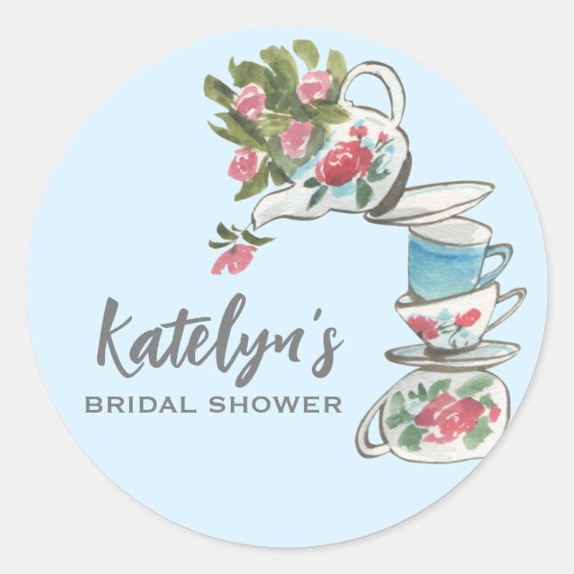 Pegatina Redonda Whimsical Bridal Shower Tea Fiesta (Anverso)