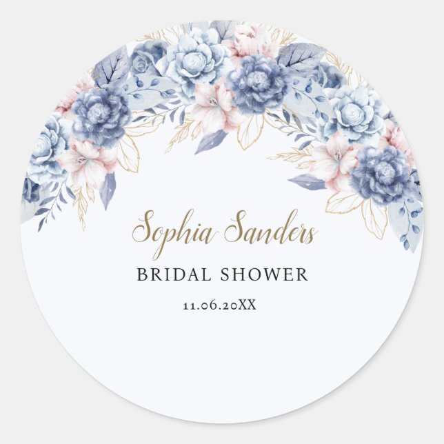 Pegatina Redonda Whimsical Bridal Shower with Soft Blue Flowers (Anverso)
